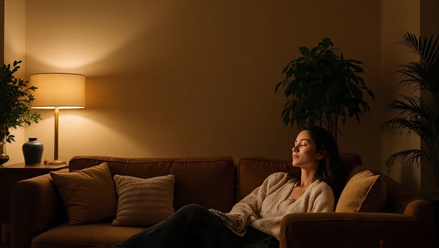 Final edit scene of a bohemian living room glowing at night, ready for the architect’s comfort checklist