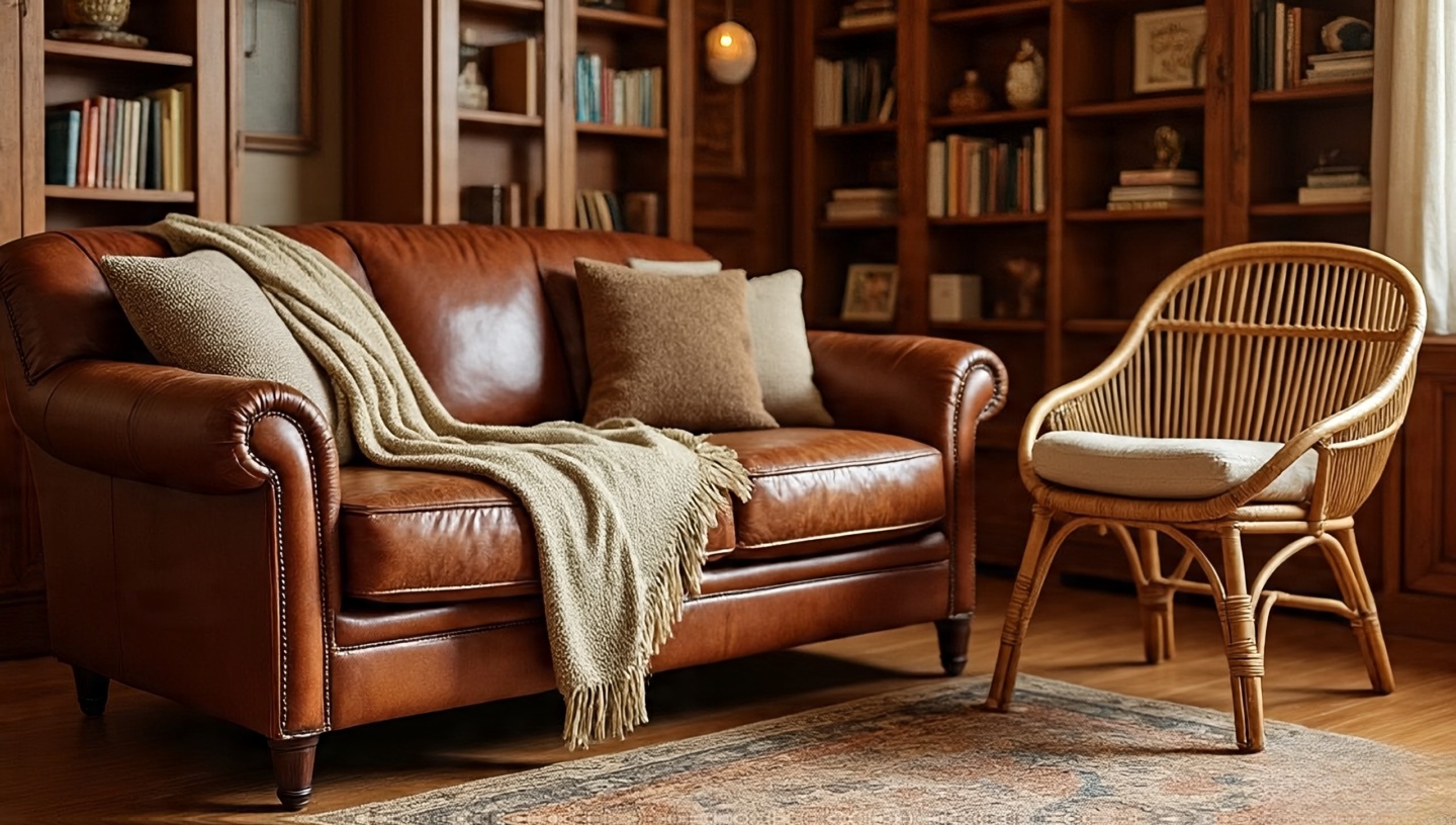Pet-smart Boho setup with tight-weave sofa, protected rattan edges, and anchored bookcases