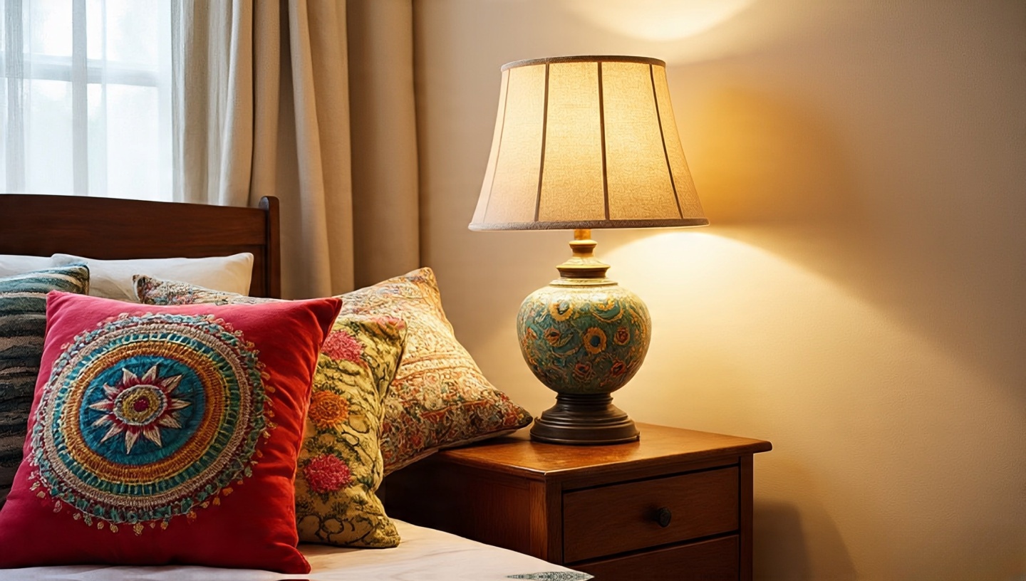Symmetry gently broken: two lamps with one offset and mismatched pillows for visual energy
