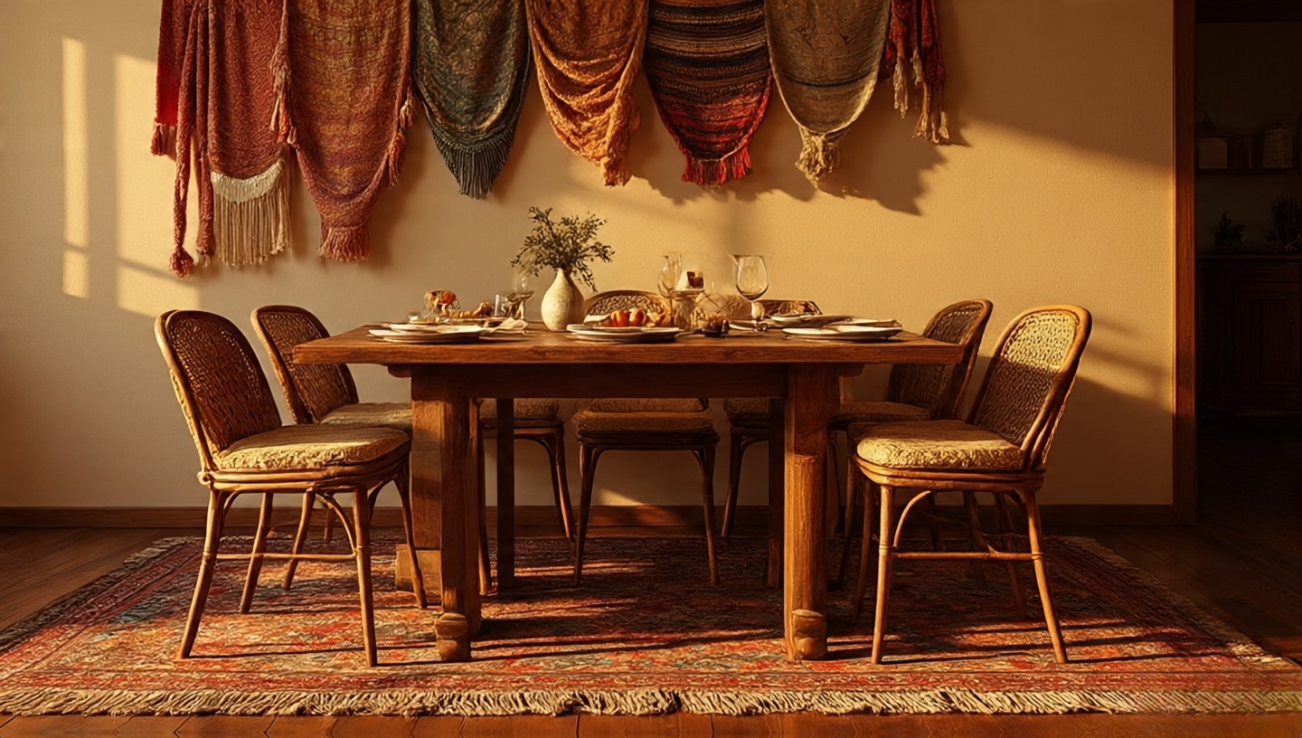 Textile-rich boho dining room designed for warm conversation