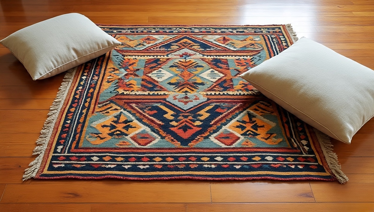 Bold kilim rug with geometric tribal pattern balanced by plain linen cushions and quiet textures