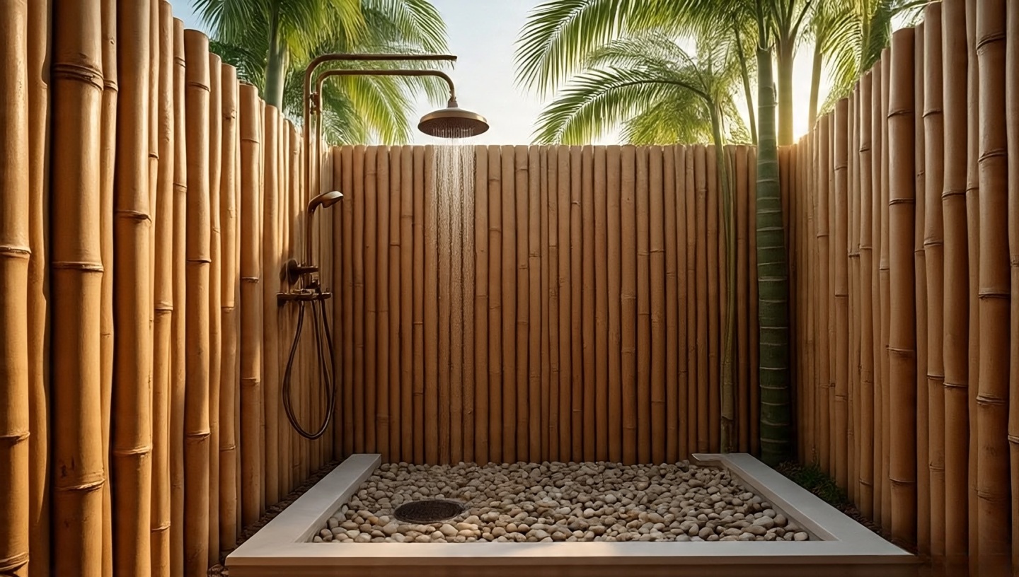 Outdoor shower with bamboo enclosure, pebble floor, and palms
