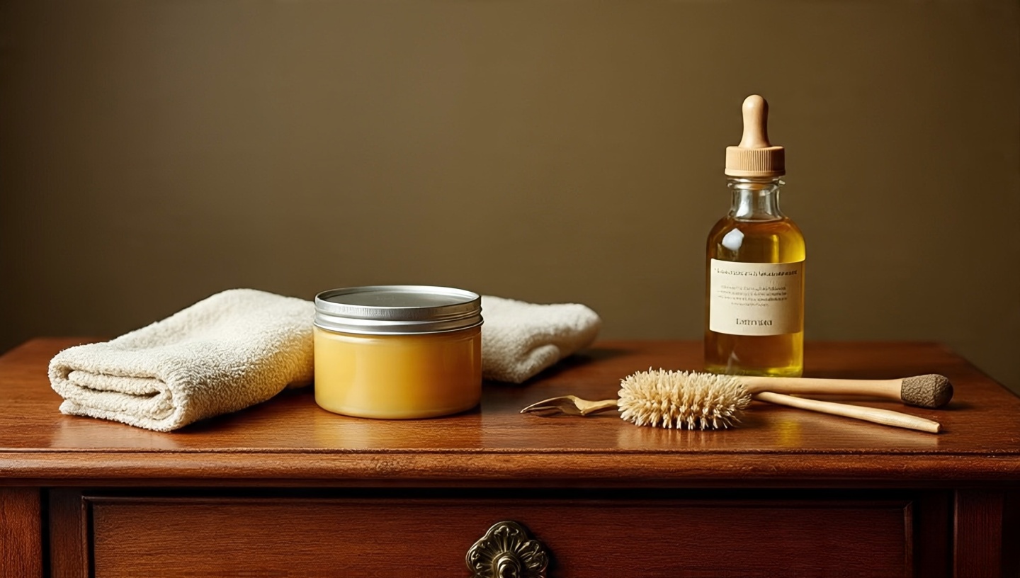 Care kit with beeswax, soft cloths, and labeled textiles for rotation to maintain a Boho home