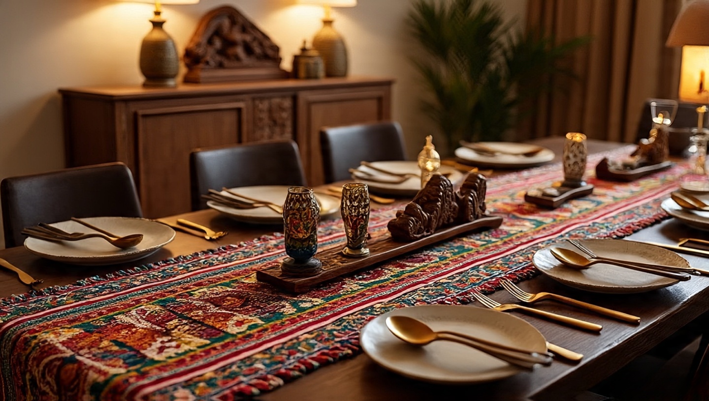 Dining table styled with global boho finds and travel textiles
