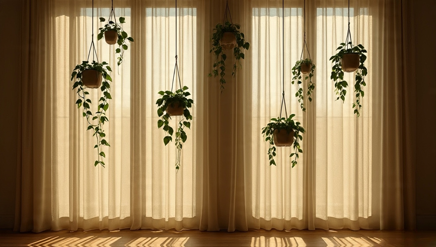 Large sunlit windows with gauzy linen sheers and hanging plants casting layered silhouettes