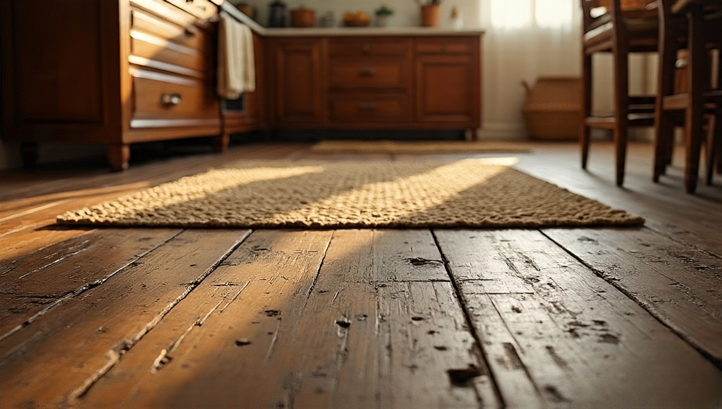 Rustic boho kitchen with imperfect, timeworn wooden floors