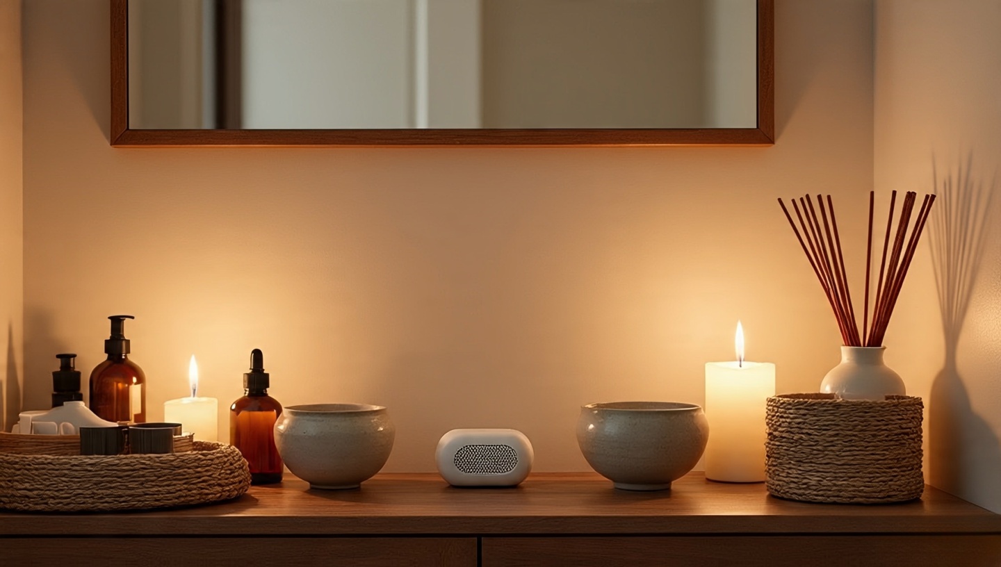 Bathroom shelf with incense, candles, and discreet speaker