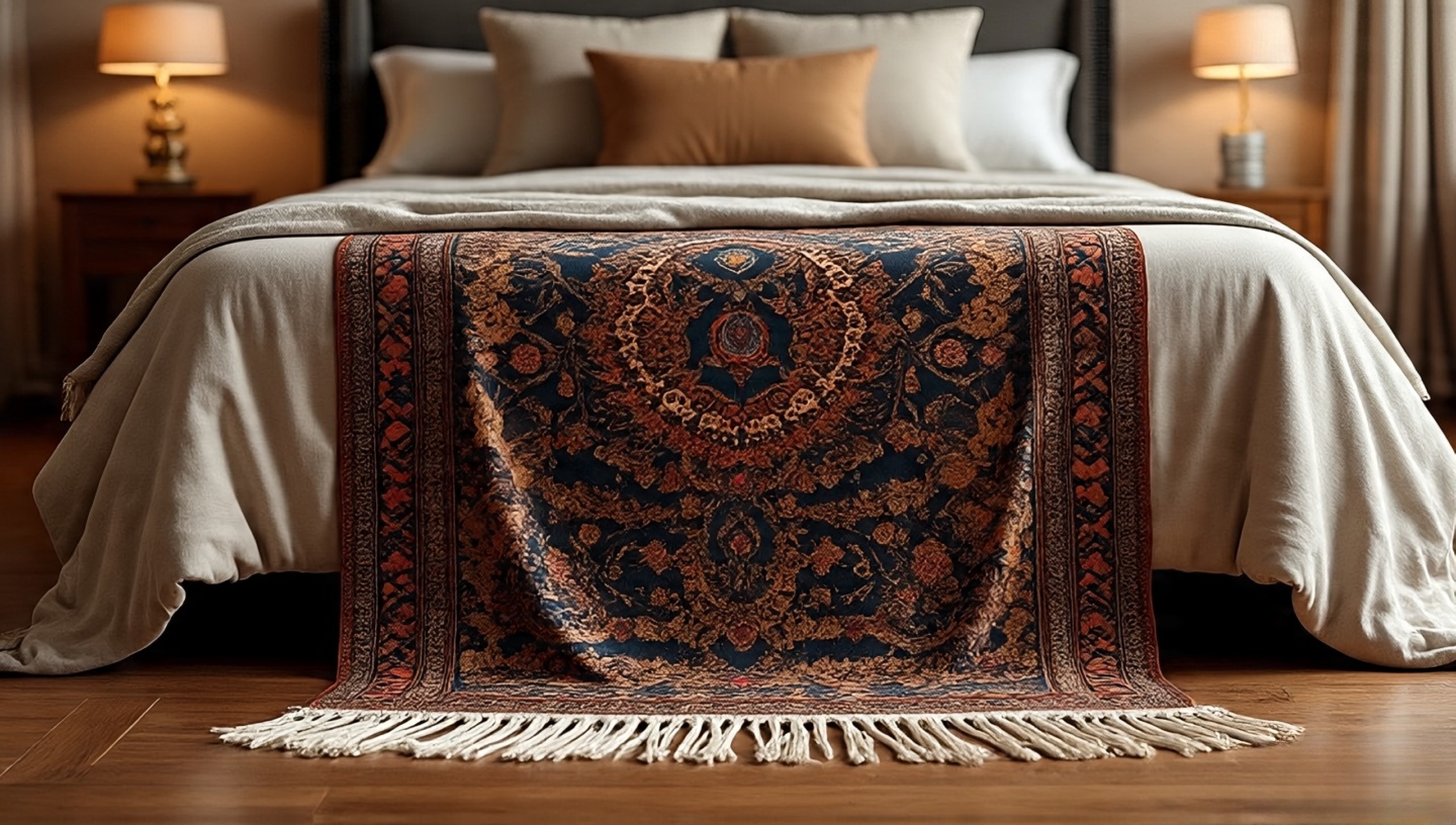 Bold patterned shawl with long fringe draped at the foot of a neutral Bohemian bed