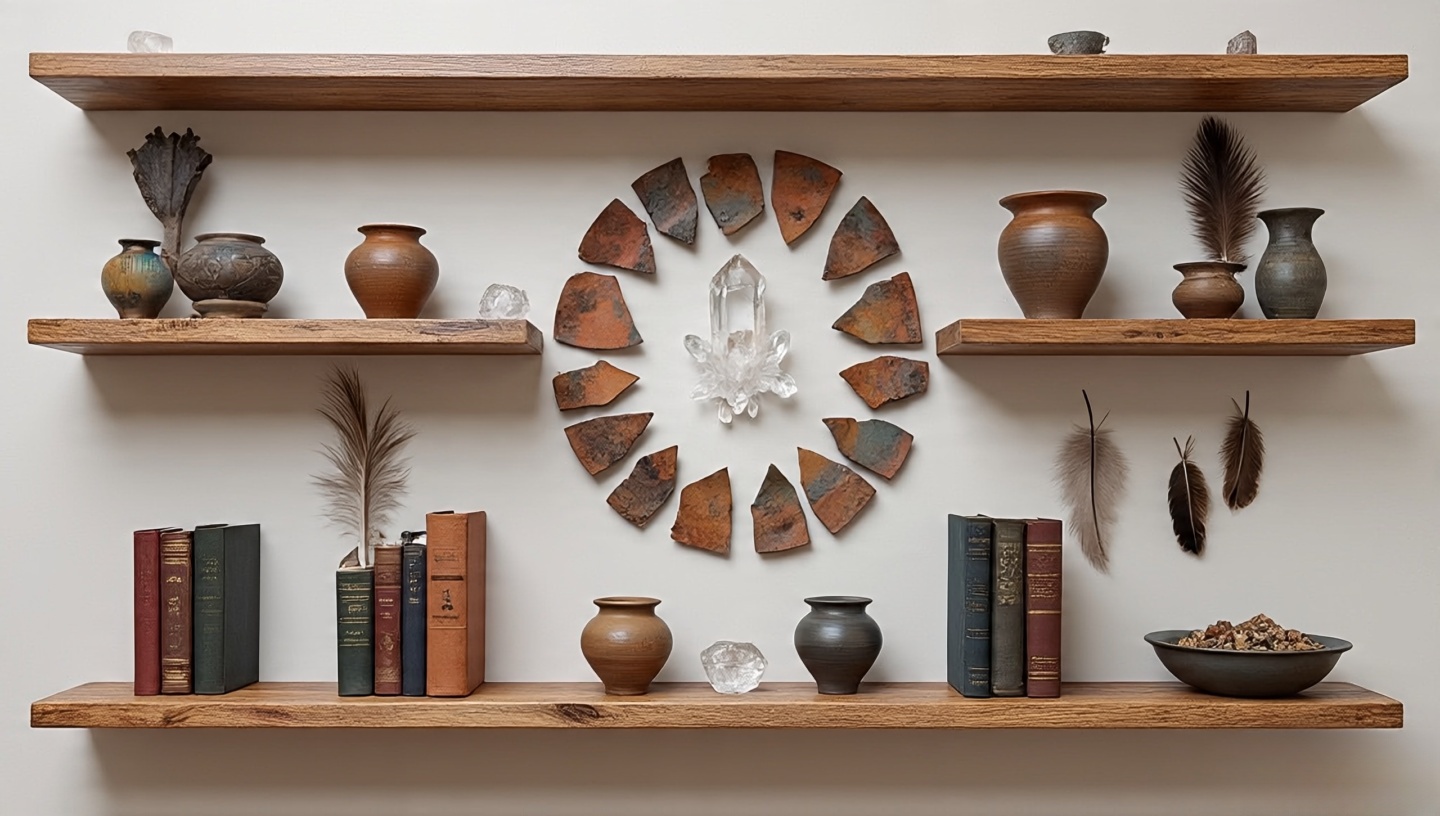 Floating wall shelves styled with crystals, pottery shards, feathers, and mixed vertical and horizontal books