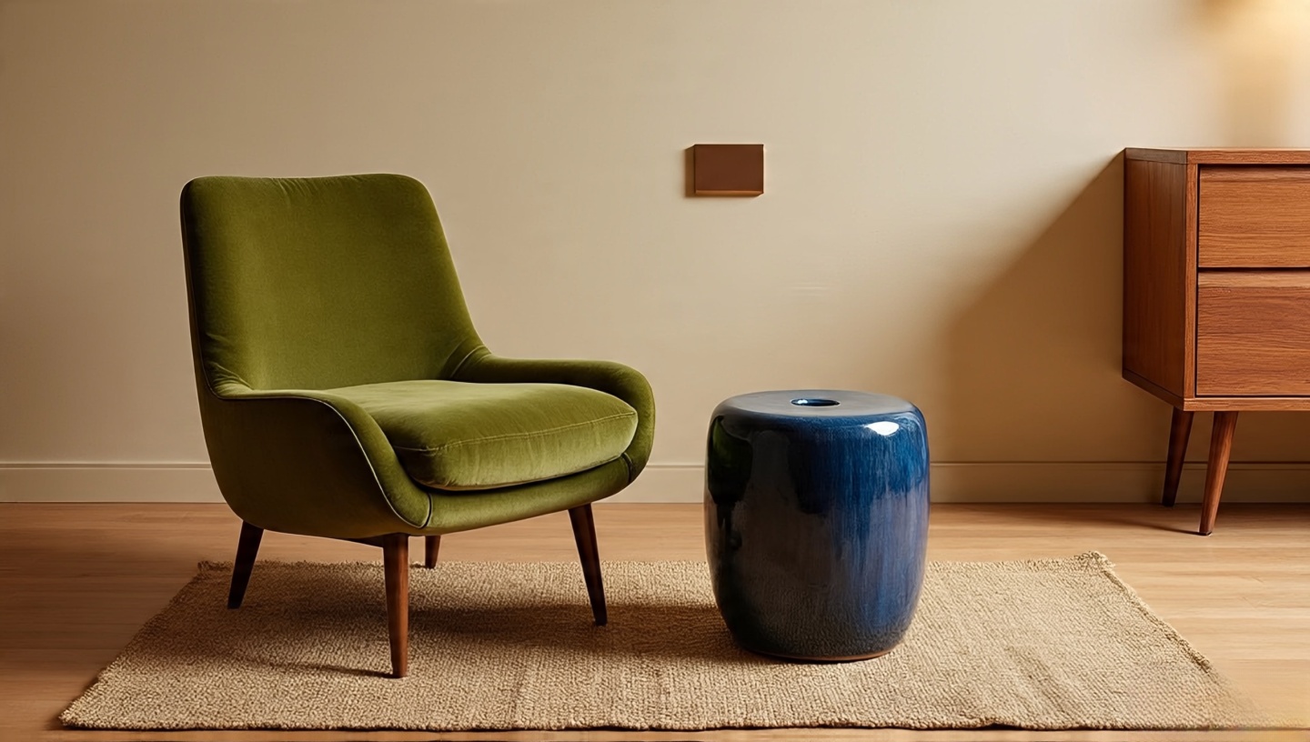 Room where furniture carries the color story with a moss-green chair, jute rug, wood, and brass accents