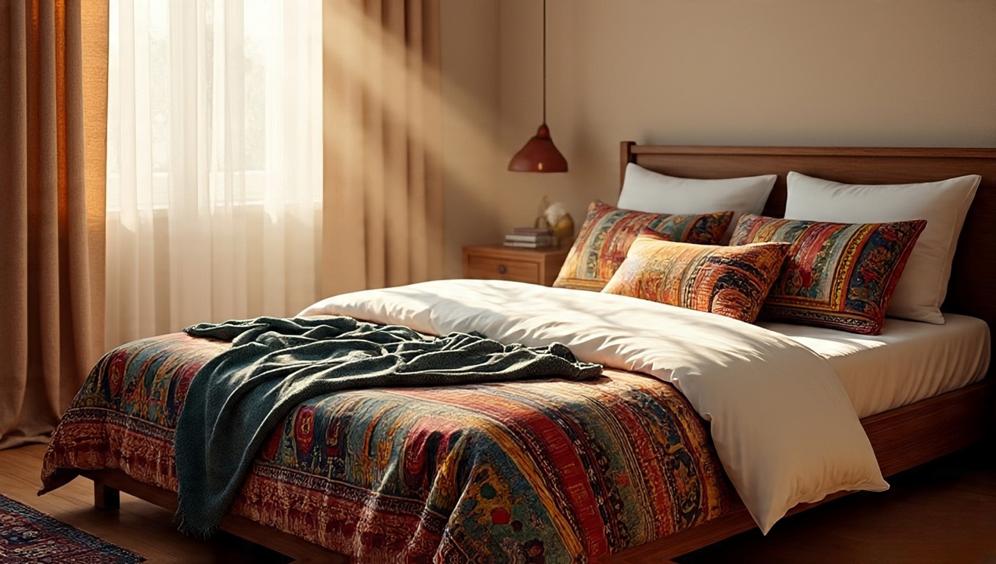 Natural morning sunlight streaming through sheer curtains onto white bed linens