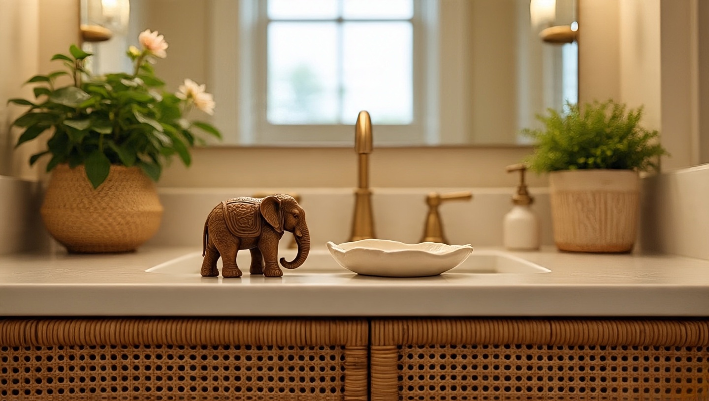 Carved elephant figurine on vanity with rattan and brass details