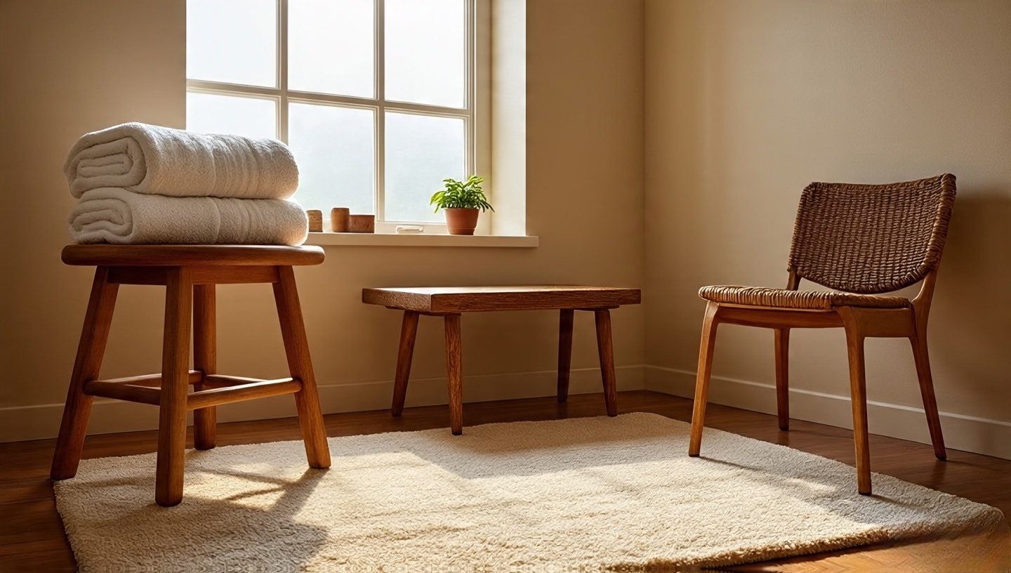 Boho bathroom with teak stool, slim bench, and a vintage chair as plant stand near a frosted window