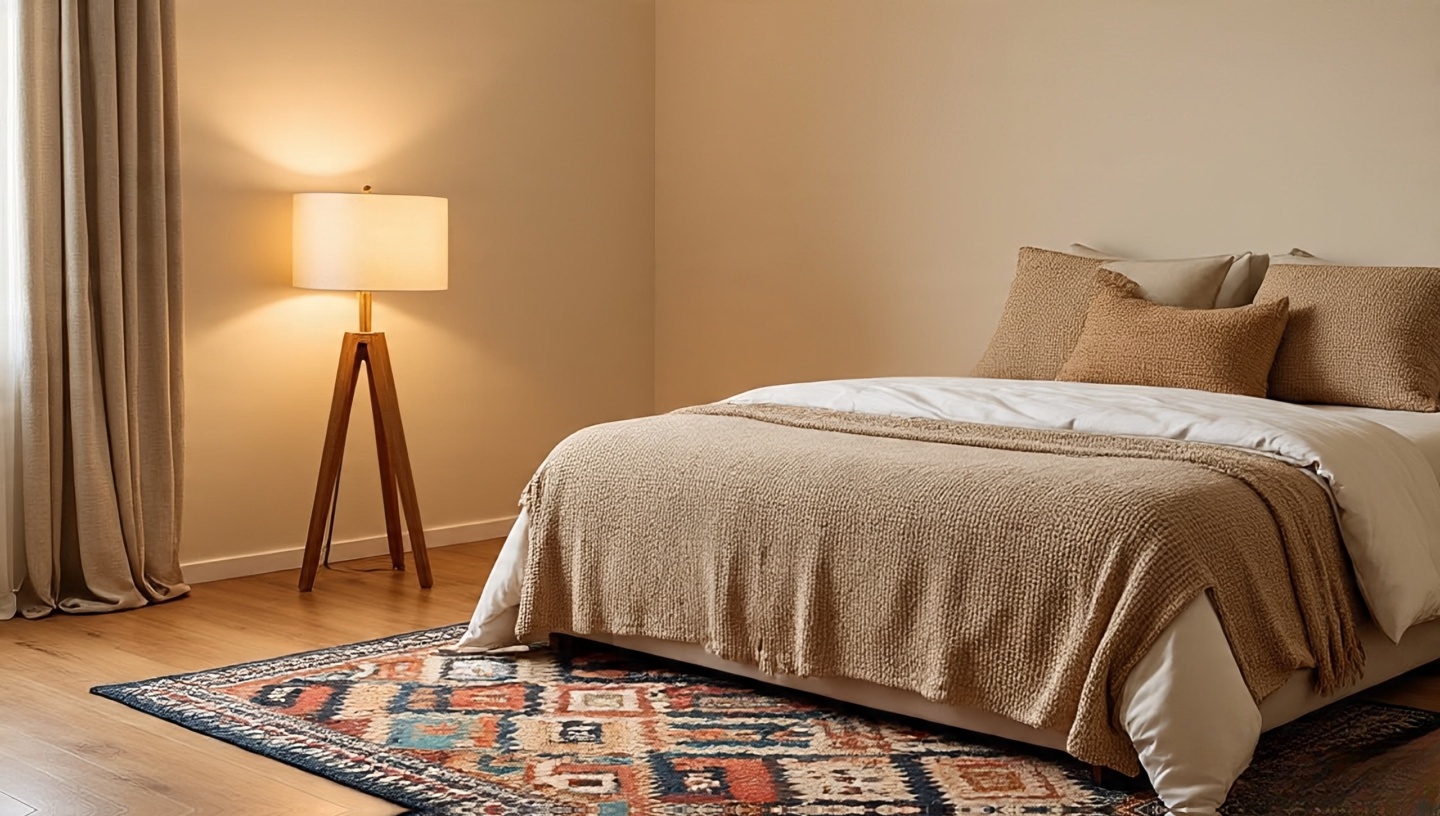 Minimalist Bohemian bedroom with one rug, one lamp, and one textured throw—carefully curated