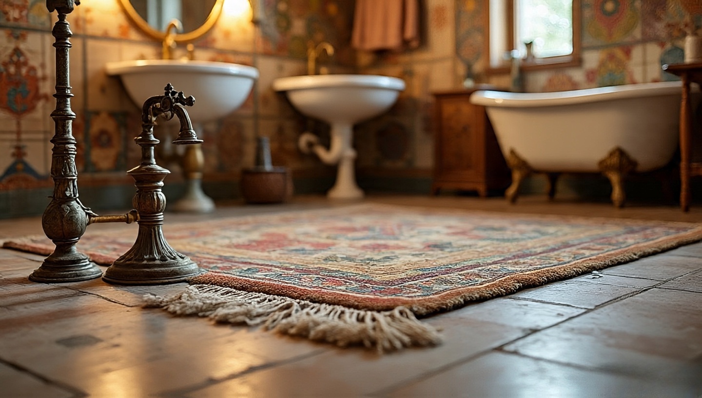 Chipped tile, faded vintage rug, and patinated brass faucet detail