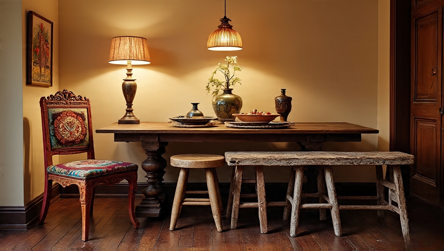Bohemian dining table mixing designer pieces with flea-market finds