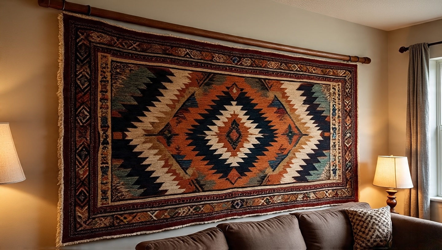 Large Navajo rug mounted on a tapestry rod displayed as dramatic wall art