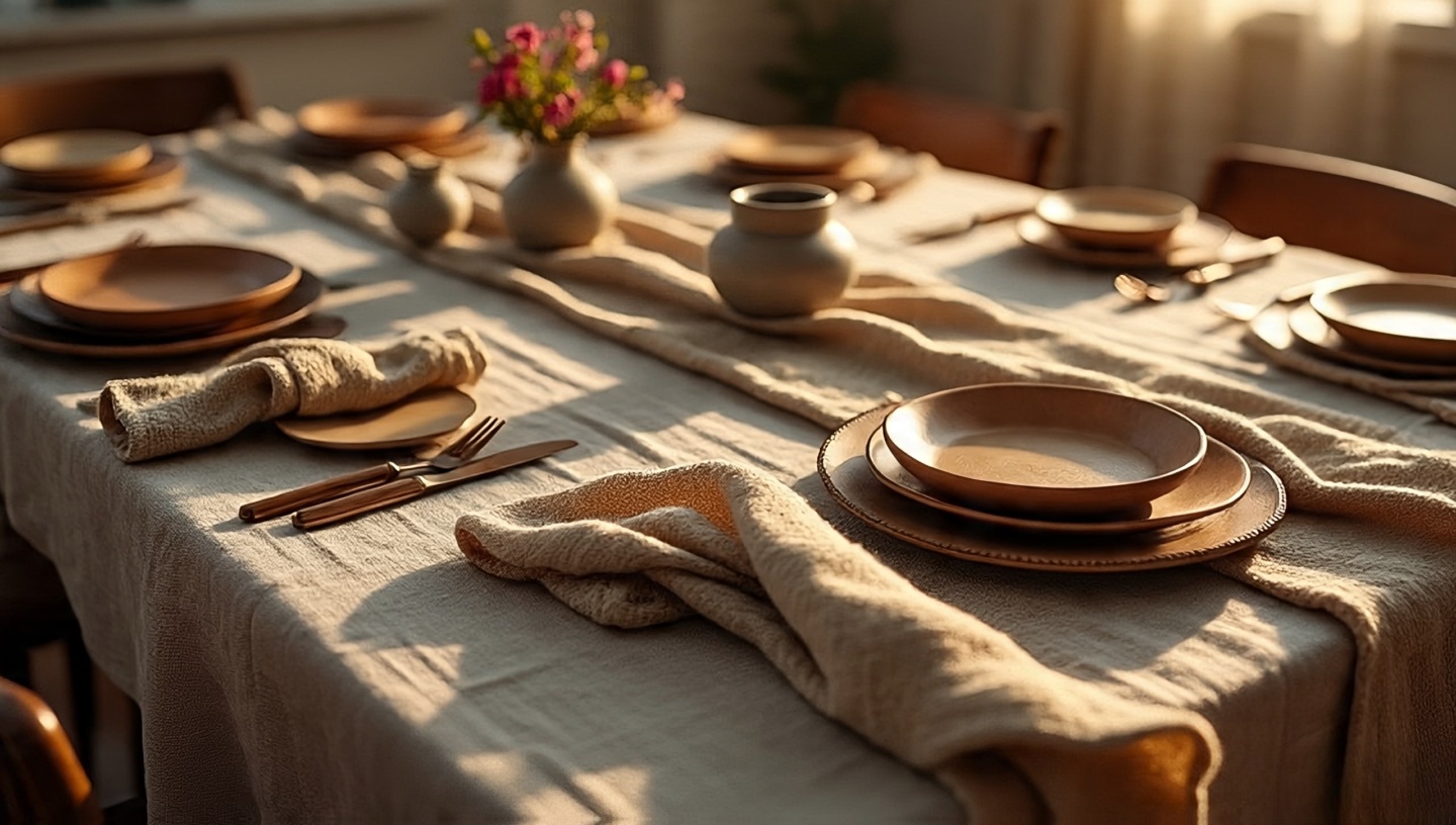 Dining table layered with linen cloth, wool runner, and clay plates