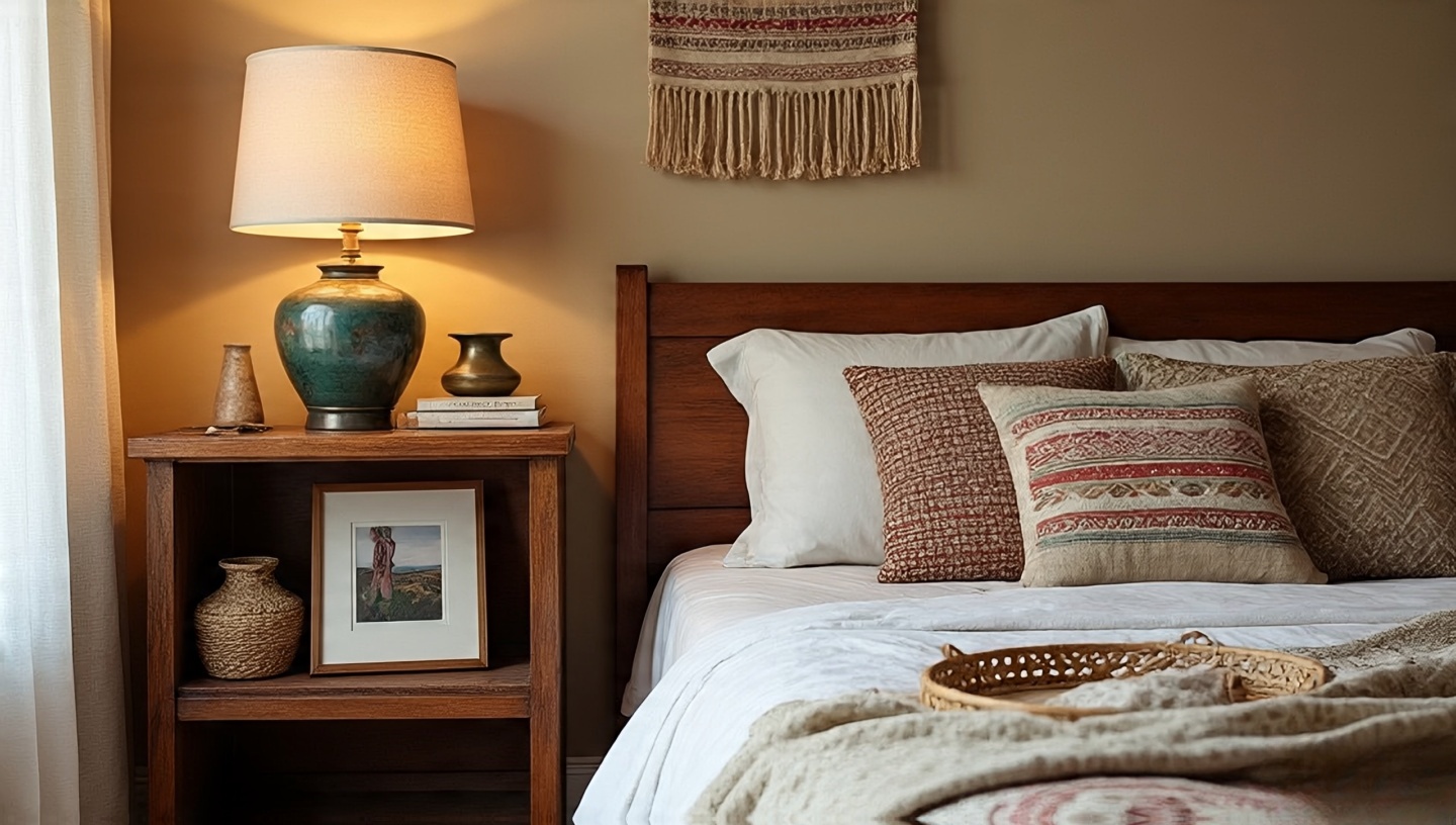 Evolving Bohemian vignette: rotating objects like a vintage lamp, woven basket, framed photo, and new ceramic