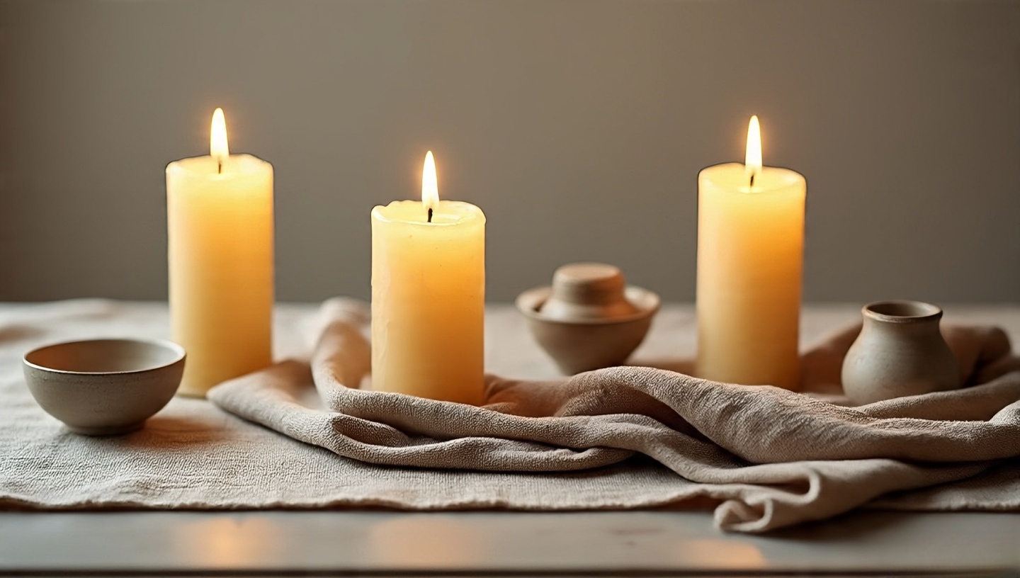Atmospheric vignette with beeswax candle, layered rugs, linen drapes, and smooth-glazed ceramics for sensory styling