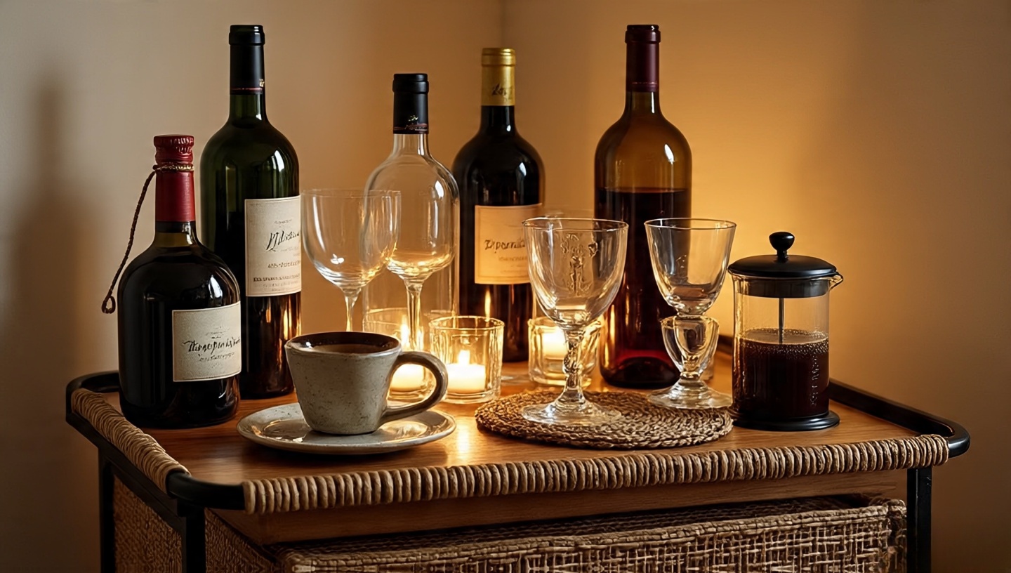 Cozy hidden corner for wine or coffee in a boho kitchen