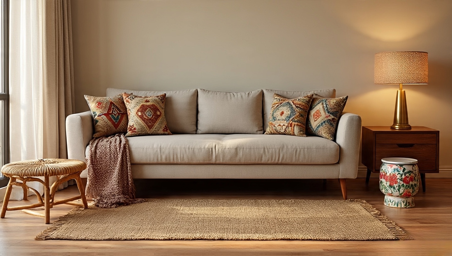 Real Boho room demonstrating the 70-20-10 mix of calm basics, textured accents, and a wild-card piece