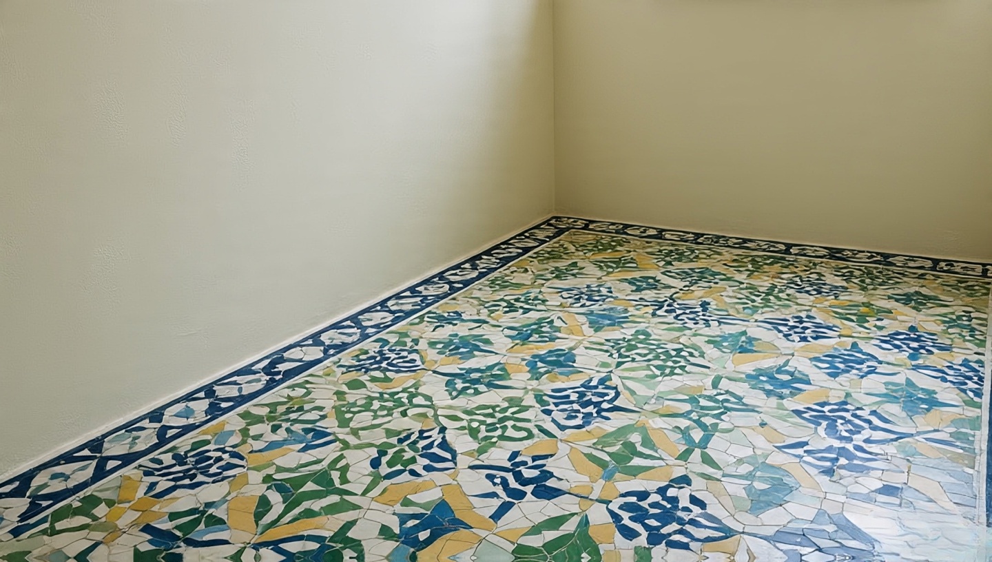 Boho bathroom balancing bold patterned tiles with calm plaster walls