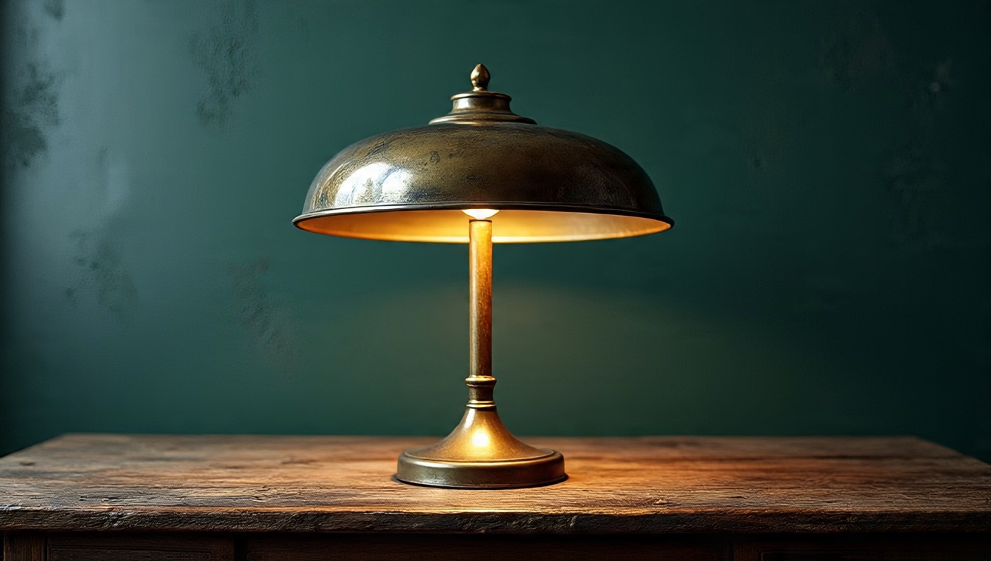Hammered brass lamp with patina on rustic wooden desk, candlelit glow