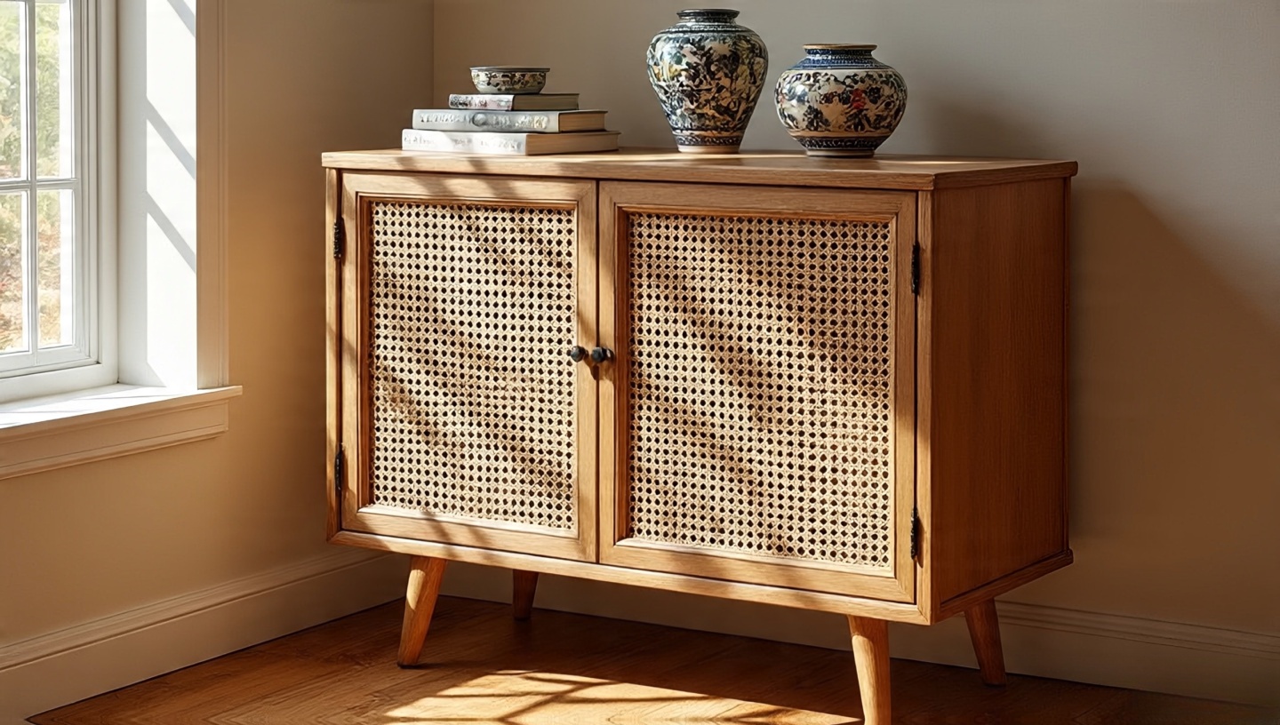 Cane-front cabinet near a window with dotted light patterns on wooden floor