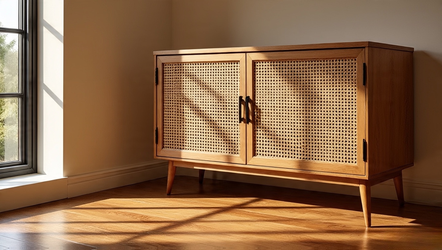 Cane-front cabinet projecting a golden grid pattern onto a hardwood floor at dusk