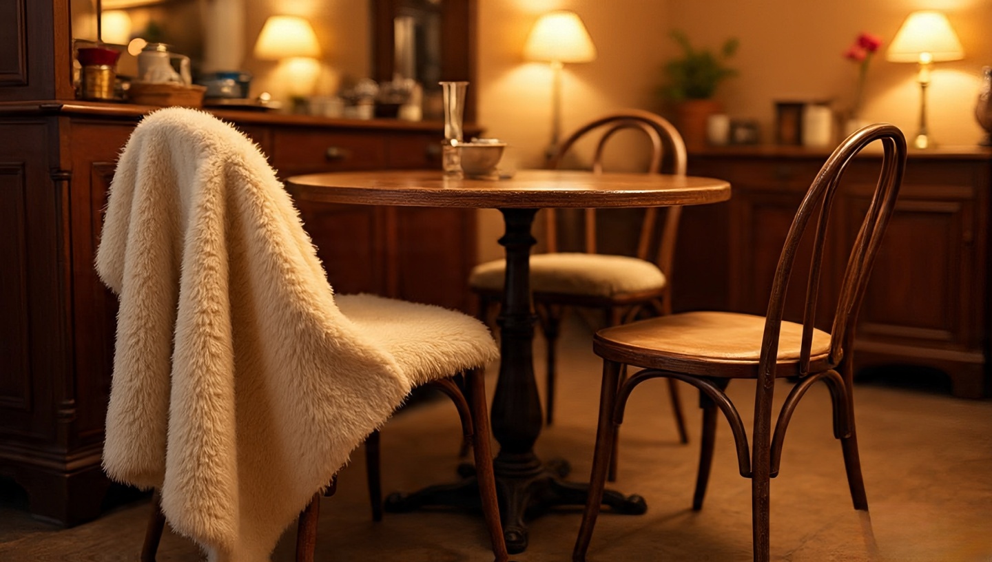 Vintage café chairs around a wooden table with one chair softened by a sheepskin throw for comfort
