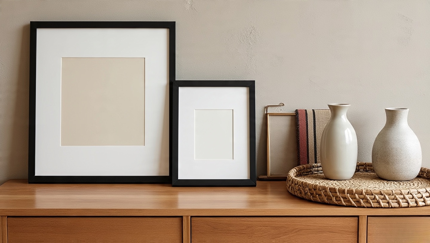 Assorted boho-friendly frames: oak, ash, slim black metal, brass and cane-wrapped with floated and double-matted art and a textile shadow box