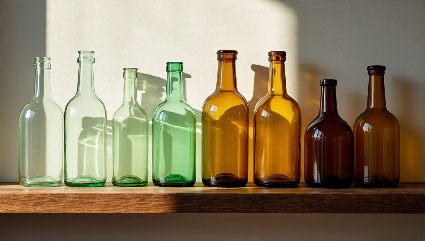Gradient glass bottles in clear, pale green and smoky amber glowing on wooden shelf