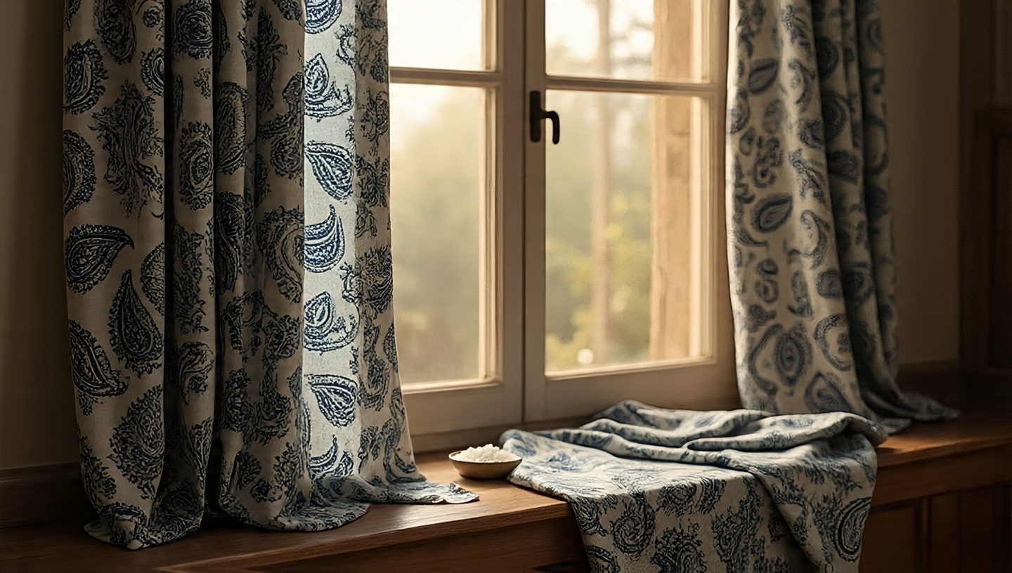 Indian indigo block-printed paisley curtains with silk throw on bench in sunlit window