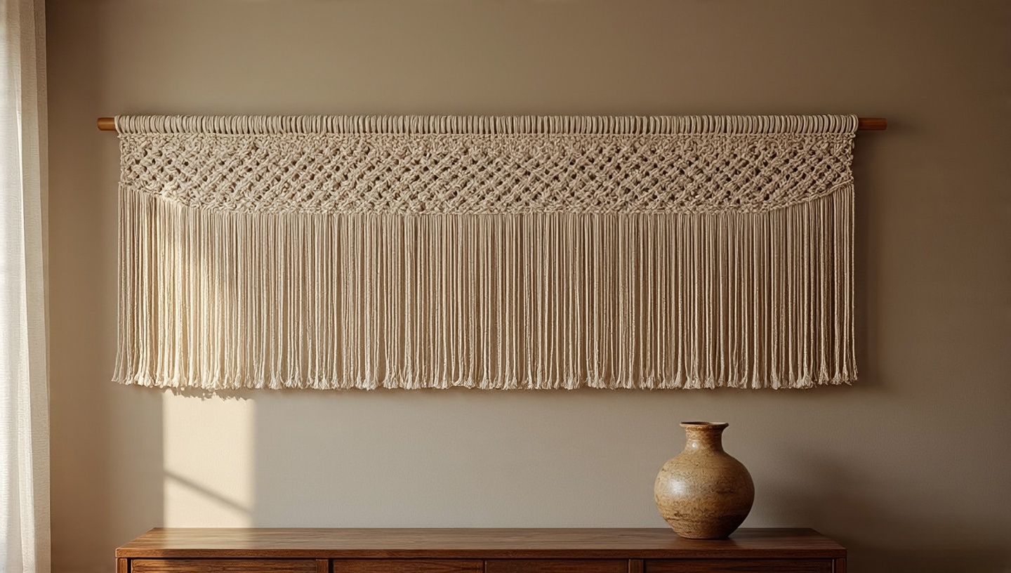 Large cream macramé wall hanging above a console, bottom fringe 35 cm above the surface, with sheer curtains and a clay vase nearby