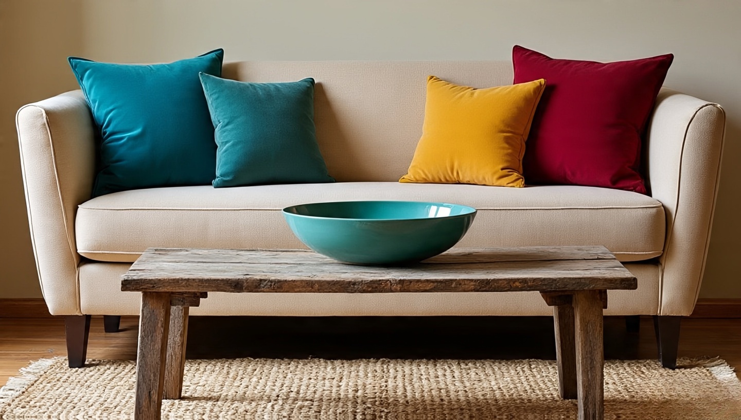 Balanced bohemian setup with beige sofa and jewel-toned accents on natural jute rug