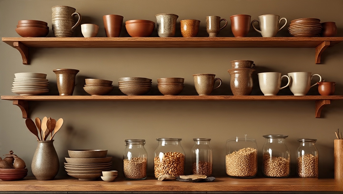 Open oak kitchen shelves styled with handmade pottery and glassware