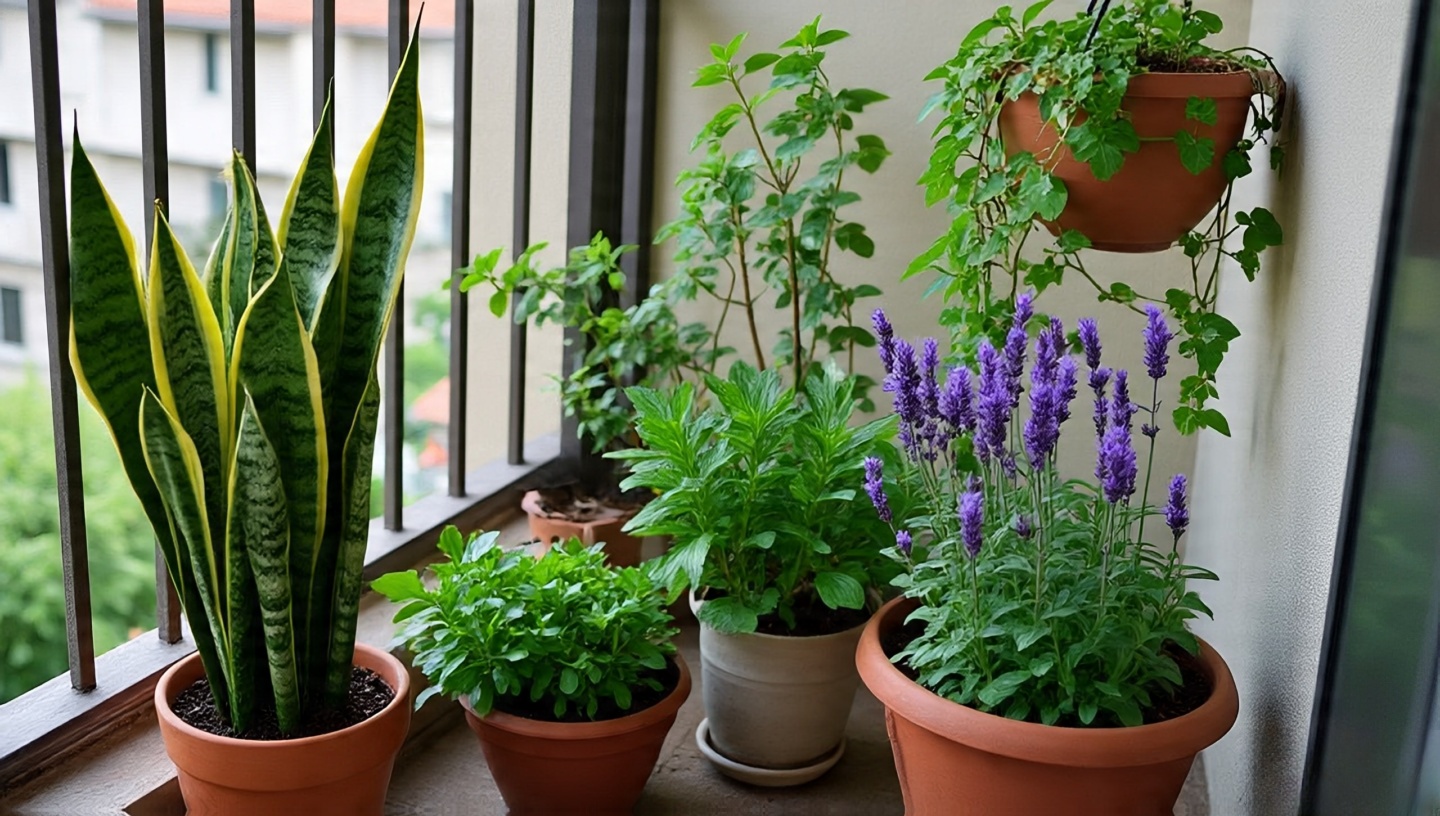 Small balcony with diverse plants: tall snake plant, trailing ivy, lavender and mint in mixed clay and ceramic pots