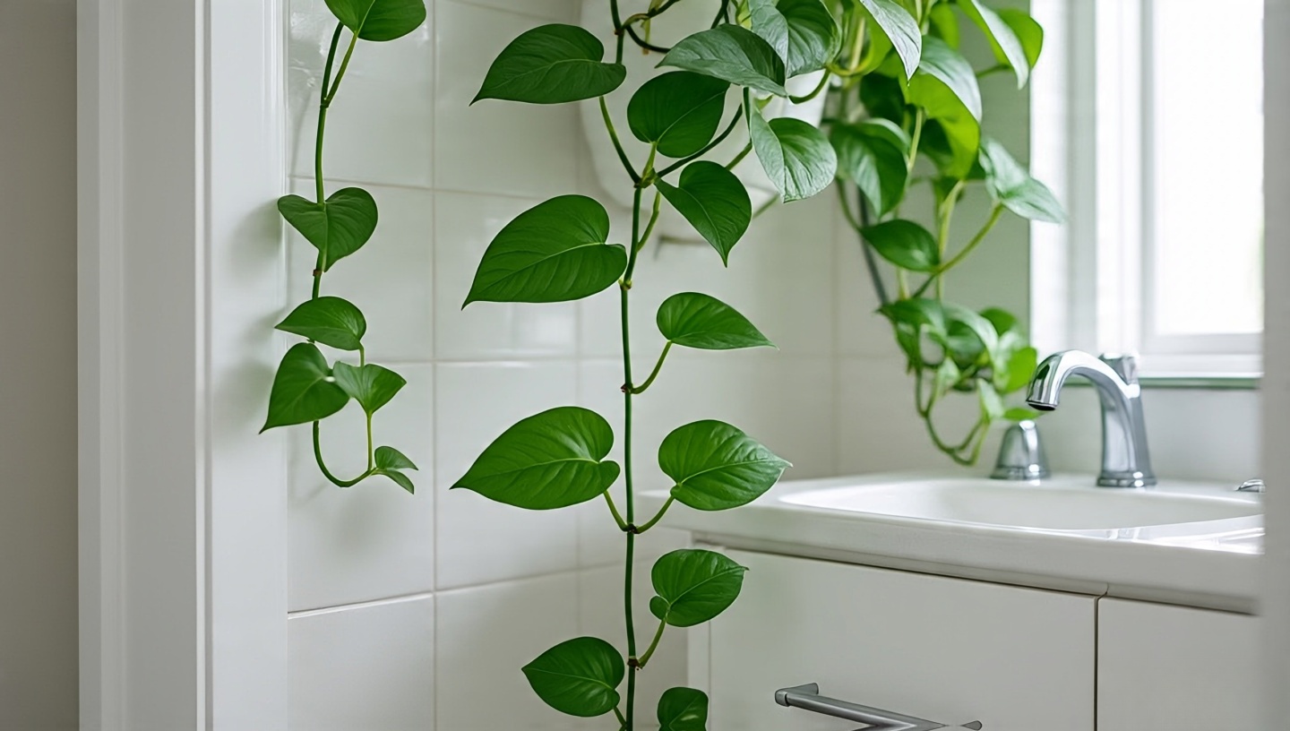 Pothos vines trained around a bathroom mirror using discreet adhesive hooks across tiled wall, creating living drapery