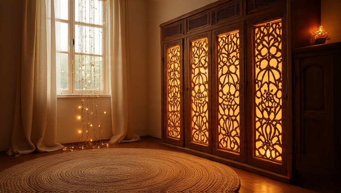 Warm evening lighting with string lights behind a carved wood panel and layered jute rugs in a small Boho room