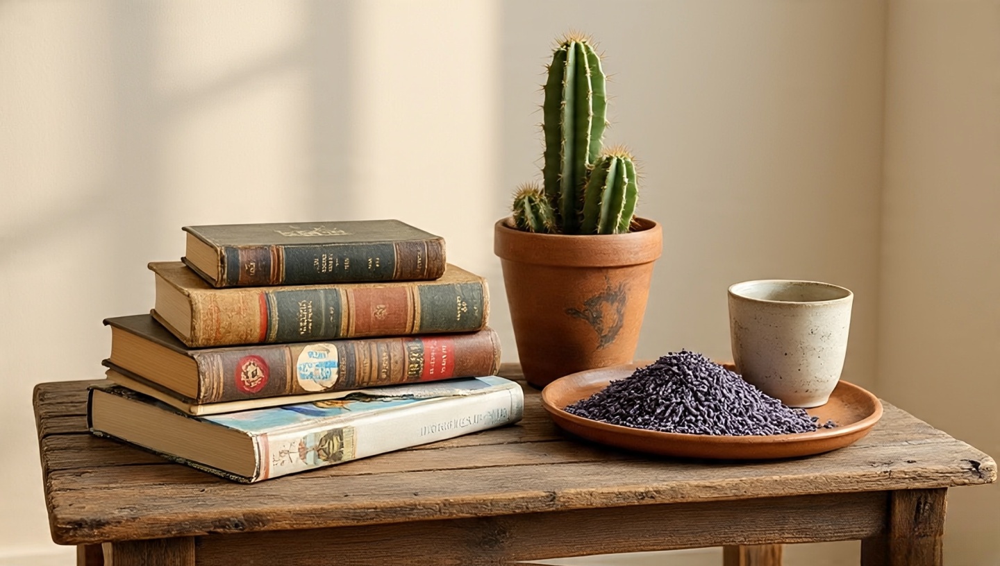 Rustic reclaimed wood coffee table with stacked travel books, terracotta lavender dish, clay cactus pot and soy candle