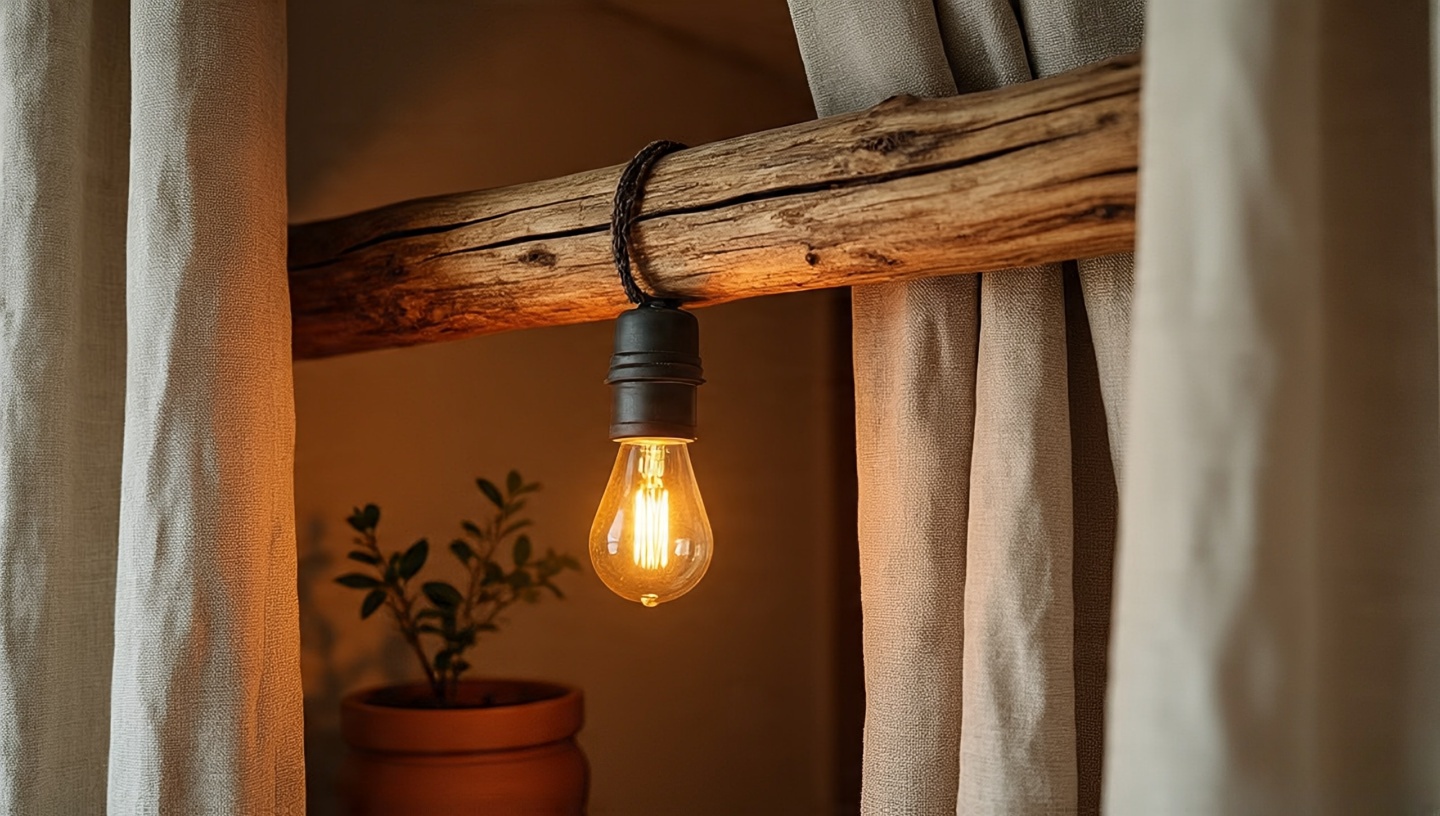 Close-up of warm amber bulb casting honey light on rustic wood beam and linen for rich patina effect