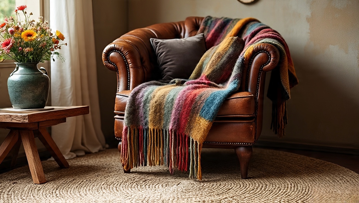 Leather armchair softened by fringed wool throw and velvet pillow on a textured woven rug