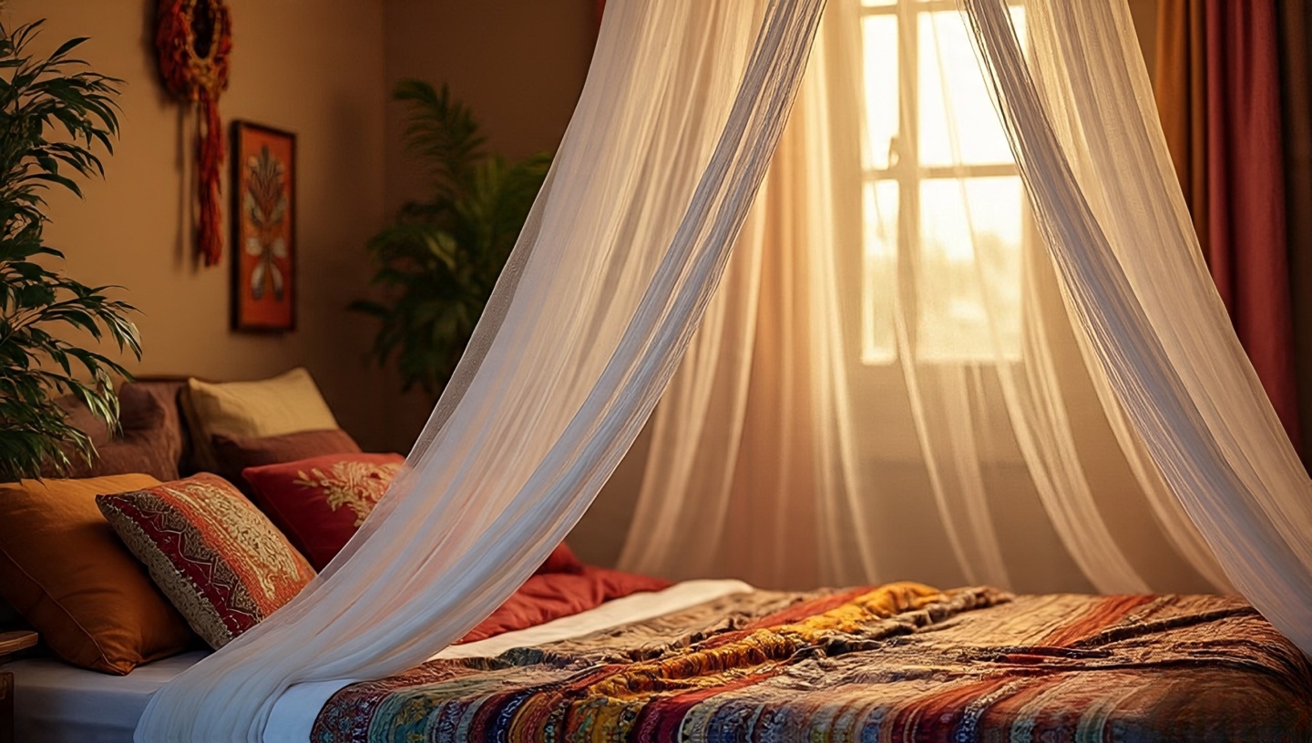 Sheer white cotton canopy draped over a Bohemian bed, diffusing warm light for a romantic feel