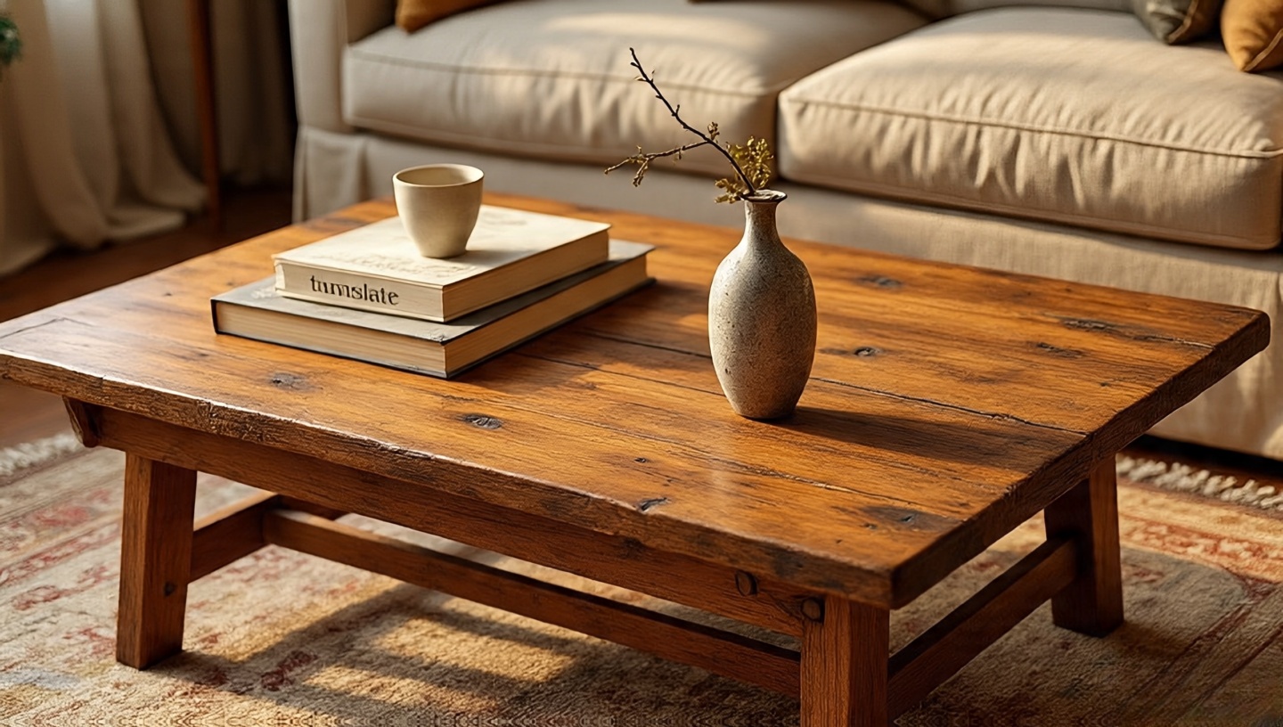 Vintage wood coffee table with butterfly joints and gentle patina on layered boho rugs