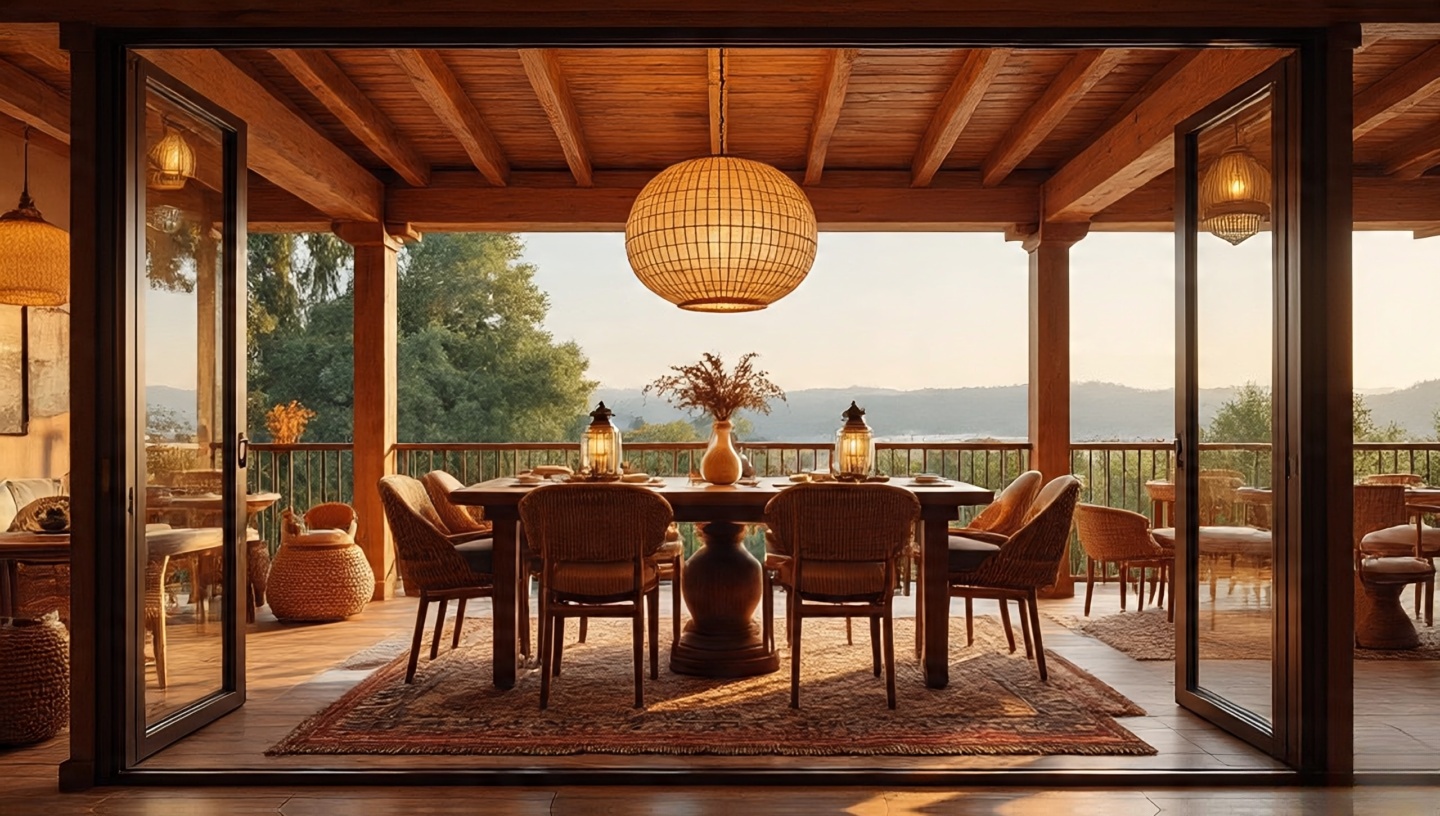 Dining room that opens to an outdoor patio with rugs and lanterns