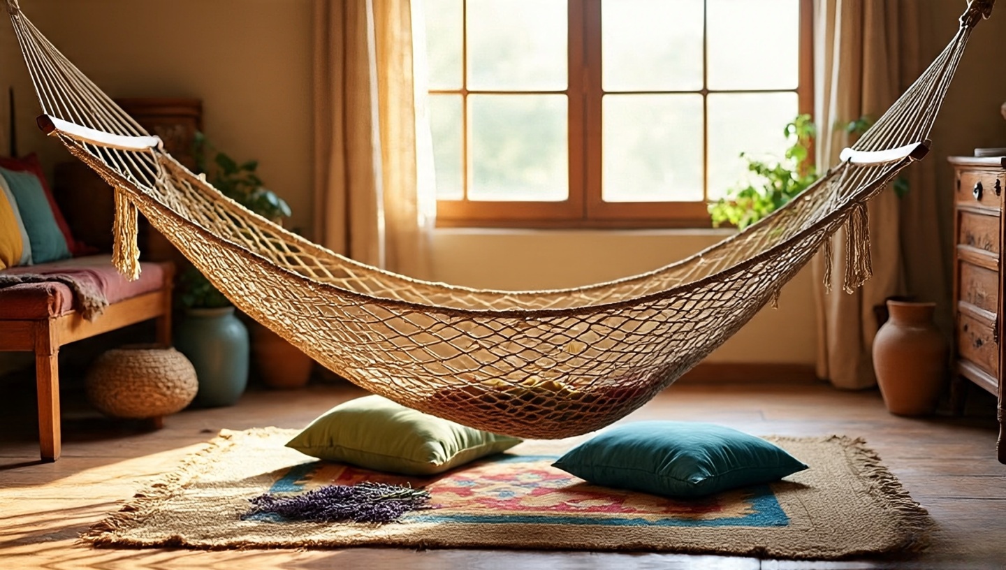 Eclectic Boho space with hammock, layered rugs, mismatched cushions, chipped pottery, and natural accents styled together
