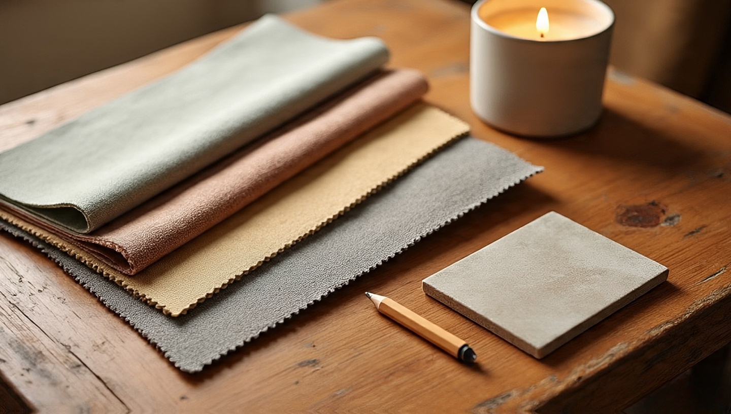 Fabric swatches and wood samples on a table beside a beeswax candle, inviting tactile decisions in a Boho home