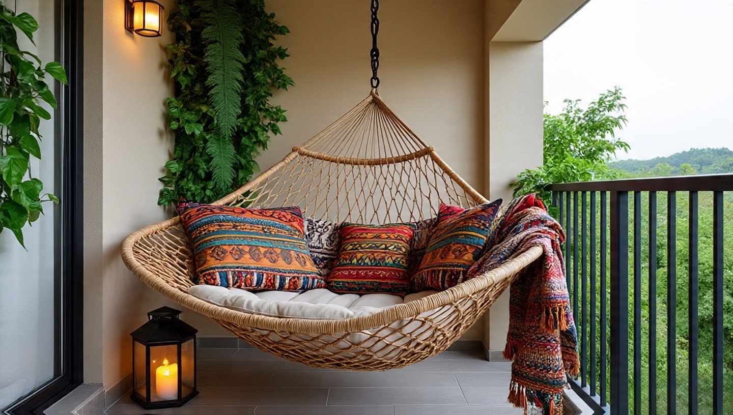Compact balcony with rattan hammock chair, patterned throw and cushion, small lantern on side table