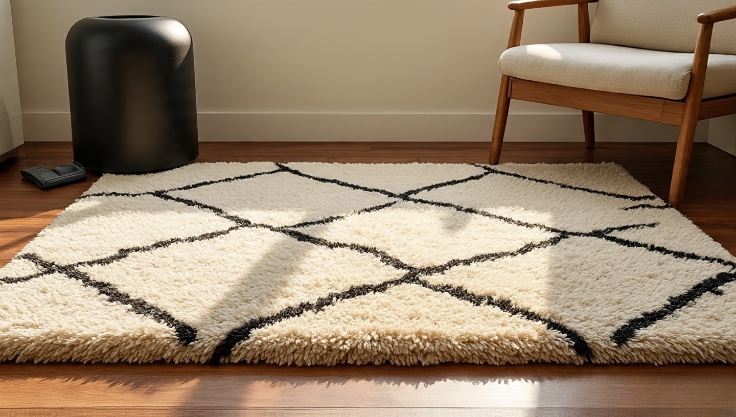 Cozy reading nook with Beni Ourain Berber rug in cream with charcoal lines, black iron table and raw wood furniture
